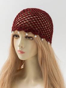 1pc Women's Fashion Lightweight Hollow Pearl Pendant Beaded Knit Hat, Suitable For Boho Beach Outings And Daily Wear - A - View 23