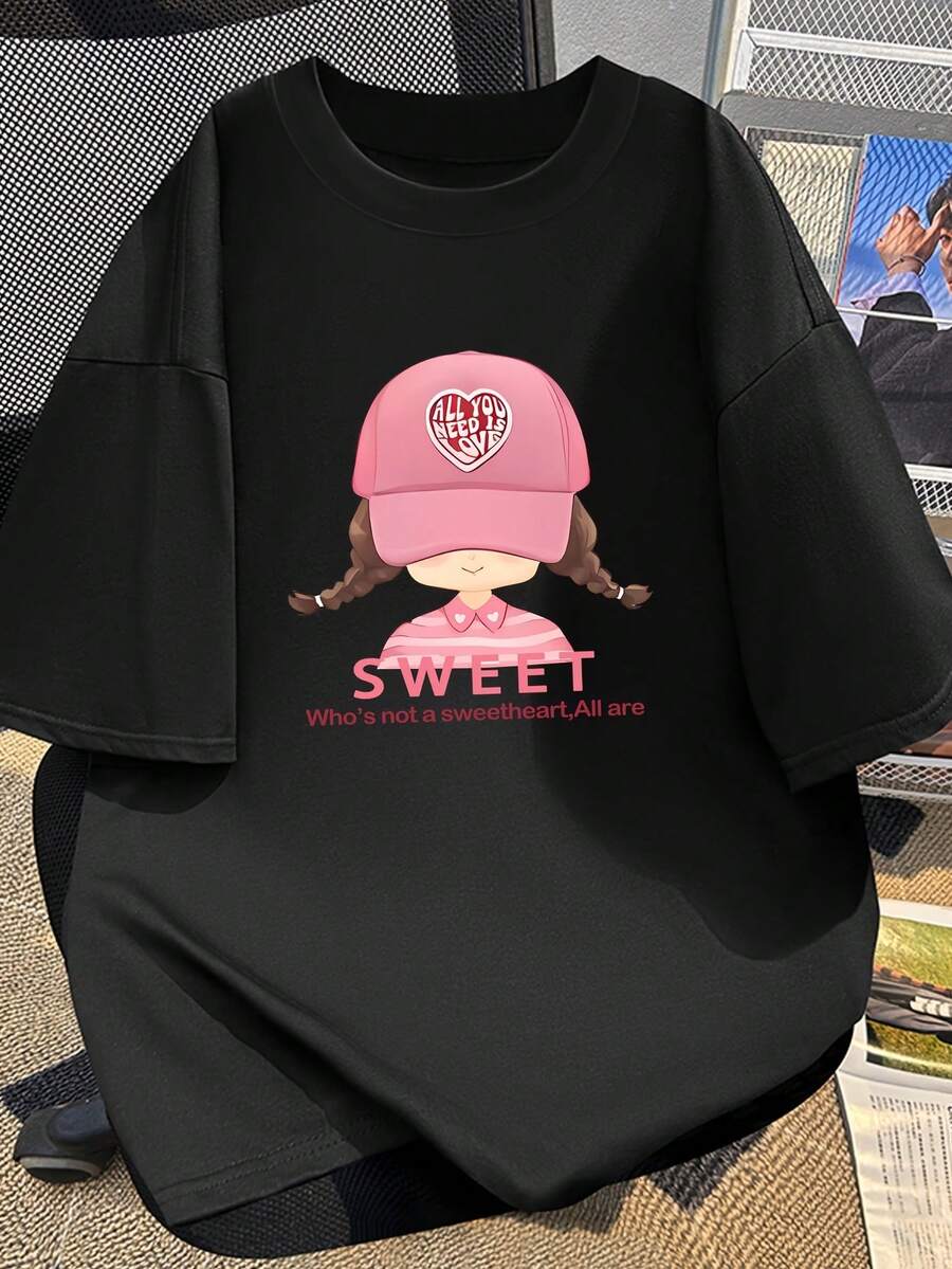 Camiseta de moda de manga corta para mujer, camiseta de verano con estampado de dibujos animados, diseño de nicho único, prenda interior#3333 - Negro - Ver 1