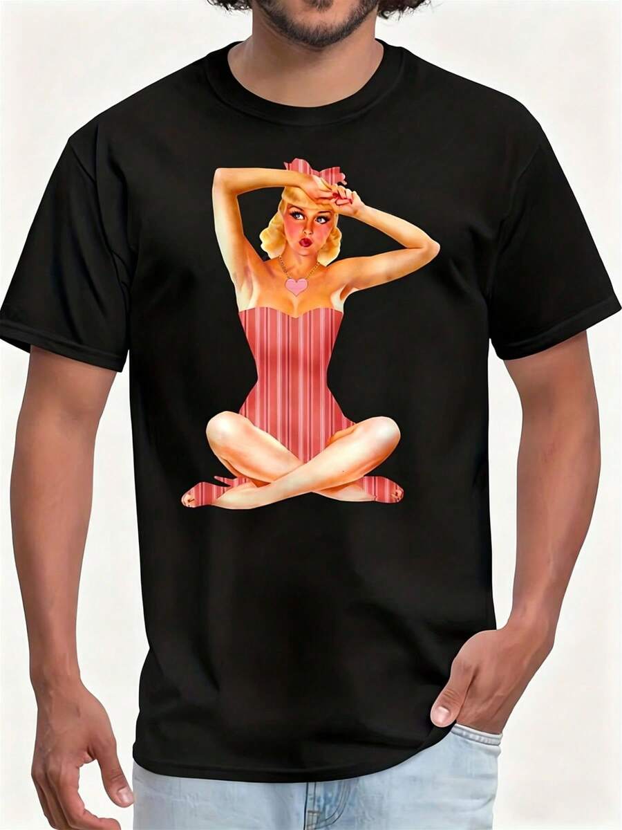 Unisex T-Shirt Made Of Pure Cotton, Men's & Women's Vintage 1950s Rockabilly T-Shirt - Retro Pin-Up Girl & Polka Dot Dress - Short Sleeve Tee, Regular Fit Unisex Shirt - Suitable For 1950s Theme Parties, Dance Events, Casual Wear, Machine Washable, Summer T-Shirt, Blouse, Basic Tops, Tops, Creative Design, Outdoor Play, Cool Style, Fun Design, Great For Outdoor Play - Black - View 1