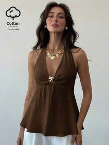 Camisa de lino con decoración metálica en la cintura, corte evasé para mujer, primavera/verano - Café integral - Ver 5
