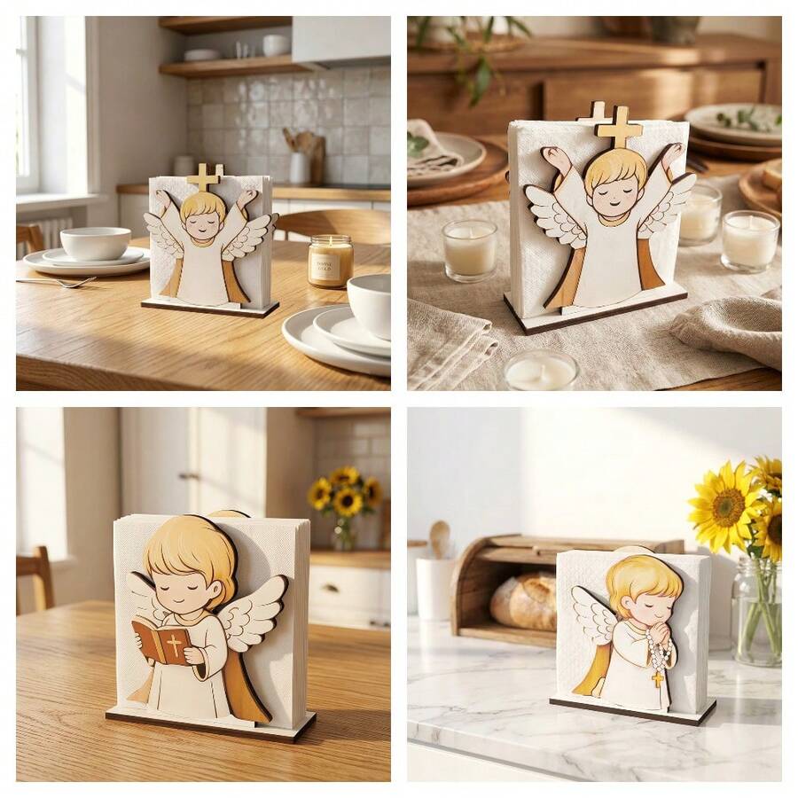 1pc European Religious Theme Wooden Tissue Holder. Guardian Angel Design Upright Paper Napkin Rack Dispenser. For Home Kitchen Restaurant Cafe Dining Room Table Centerpiece. Farmhouse Style Creative Holy Blessing Church Event Birthday And Wedding Party Supplies. - Multicolor - View 1