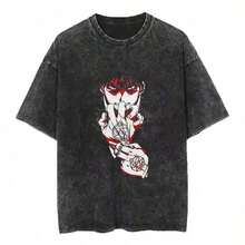 Anime Print T-Shirts For Men And Women, Vintage Washed Cotton Short Sleeve T-Shirt, Casual Summer Tops, Harajuku Streetwear, Summer Outfits For Women, Summer Clothes For Men - 黑色 21 - 查看 1