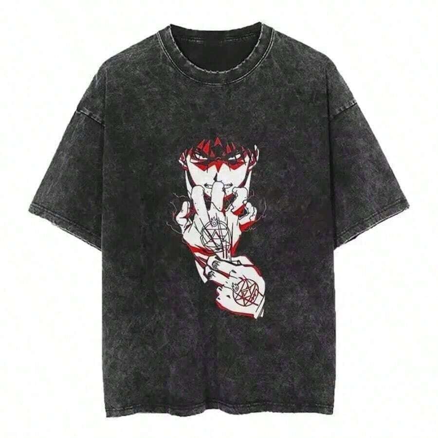 Anime Print T-Shirts For Men And Women, Vintage Washed Cotton Short Sleeve T-Shirt, Casual Summer Tops, Harajuku Streetwear, Summer Outfits For Women, Summer Clothes For Men - 黑色 21 - 查看 1