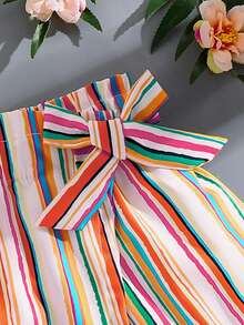 Girls' Summer Fashion Casual Rainbow Striped Faux Skirt Shorts, Comfortable Soft Outdoor Vacation Beach Skirt Shorts With Bow Decor, Tween Girl' Summer Shorts Skirt - Multicolor - View 4