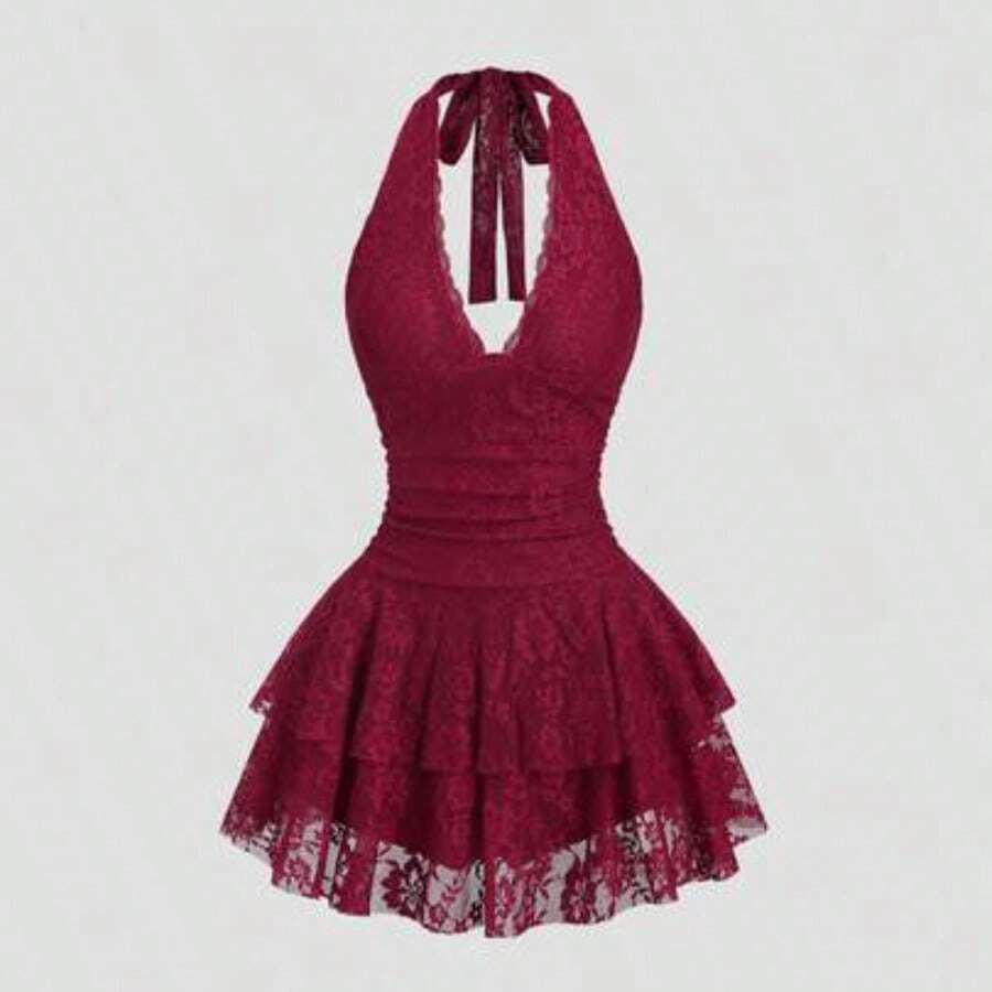 Petite Women's Red Sleeveless V-Neck Lace Patchwork Sexy Mini Dress Bachlorette Party Dress Red Lace Dress - Burdeos - Ver 1