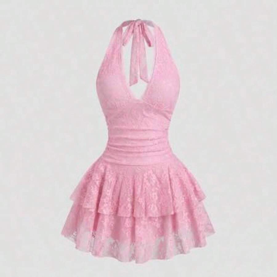 Petite Women's Red Sleeveless V-Neck Lace Patchwork Sexy Mini Dress Bachlorette Party Dress Red Lace Dress - Rosa - Ver 1