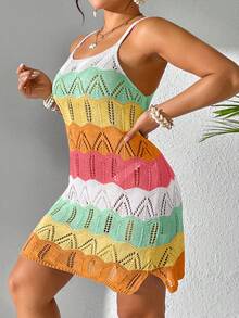 Bộ trang phục mùa hè phong cách Bohemian dành cho nữ, áo khoác ngoài không tay dệt kim khoét rỗng phối màu cầu vồng cỡ lớn, váy ngủ và chân váy. - Nhiều màu - Xem 6