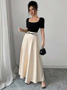 YHHSelianne Vestido de punto con cuello cuadrado, manga corta, cintura ajustada y entallada, estampado de estilo chino, parches de contraste de colorYHH - Multicolor 2 - Ver 10