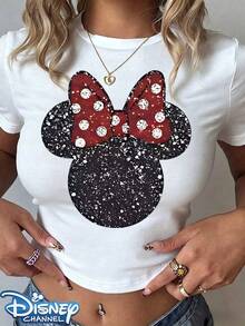 Genuine Disney New Sparkle Minnie Mouse Polka Dot Bow Print Design, Ladies' Casual Short T-Shirt With Round Neck And Slim Fit, Basic Polyester Fiber Tops In Summer Are Versatile For Everyday Wear, Comfortable And Loose, Ideal For Giving Her A Perfect Gift, Washable, Holiday Outfits For Women Festival Outfits Women Lineshirt Women White Top. - 白色 - 查看 1
