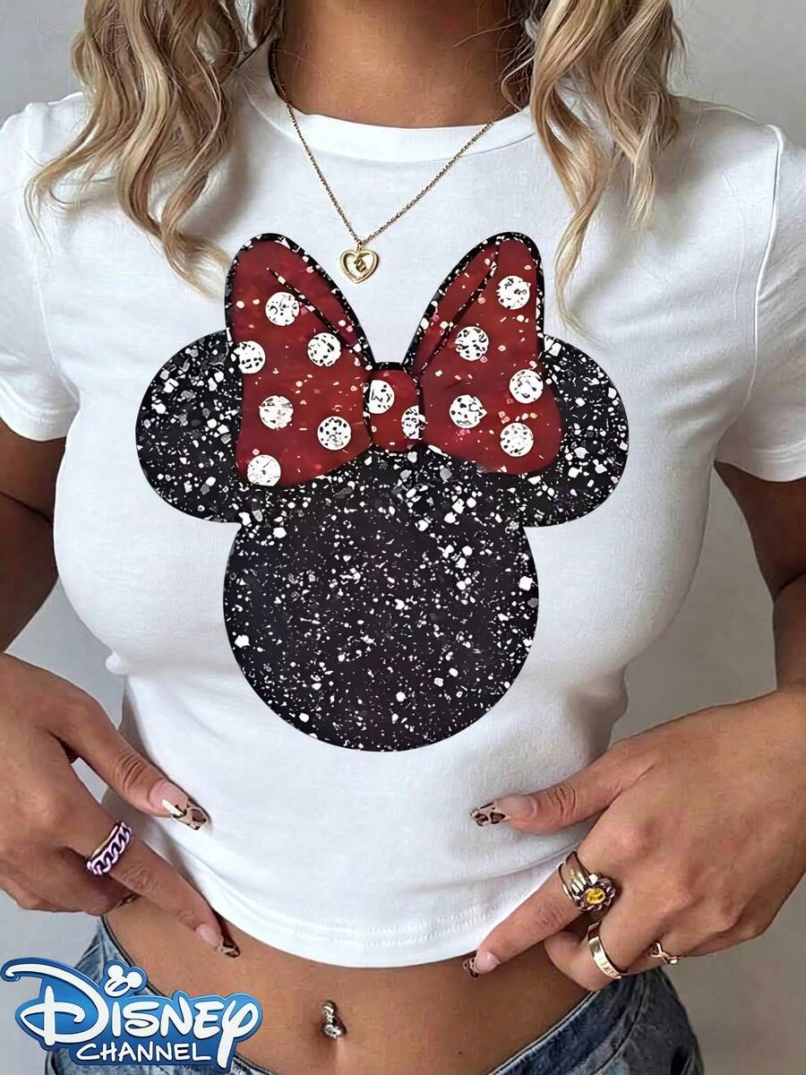 Genuine Disney New Sparkle Minnie Mouse Polka Dot Bow Print Design, Ladies' Casual Short T-Shirt With Round Neck And Slim Fit, Basic Polyester Fiber Tops In Summer Are Versatile For Everyday Wear, Comfortable And Loose, Ideal For Giving Her A Perfect Gift, Washable, Holiday Outfits For Women Festival Outfits Women Lineshirt Women White Top. - 白色 - 查看 1