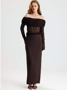 RoseArya Bardot Neck Lace Sheer Blouse - Brown - View 2