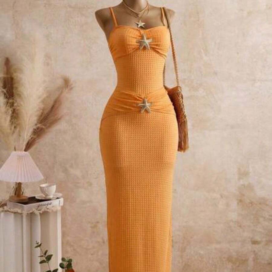 Women's Solid Color Halter Metal Starfish Decor One-Piece Swimsuit With Skirt, Suitable For Beach Vacation - Naranja - Ver 1