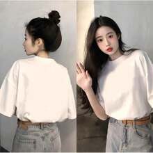 Camiseta blanca de manga corta y cuello redondo con estampados de dibujos animados en la parte delantera y trasera, corte holgado, nuevo estilo de verano 2025, top versátil para mujer. - Blanco - Ver 8