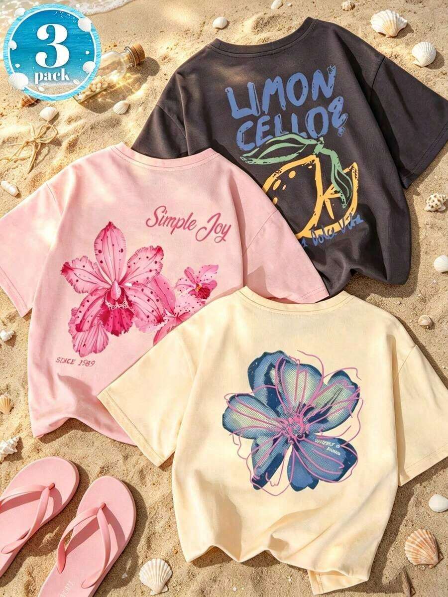 Set de 3 camisetas de mujer de manga corta con cuello redondo y estampado floral, de estilo casual y versátil, color rosa - Gris Oscuro - Ver 1