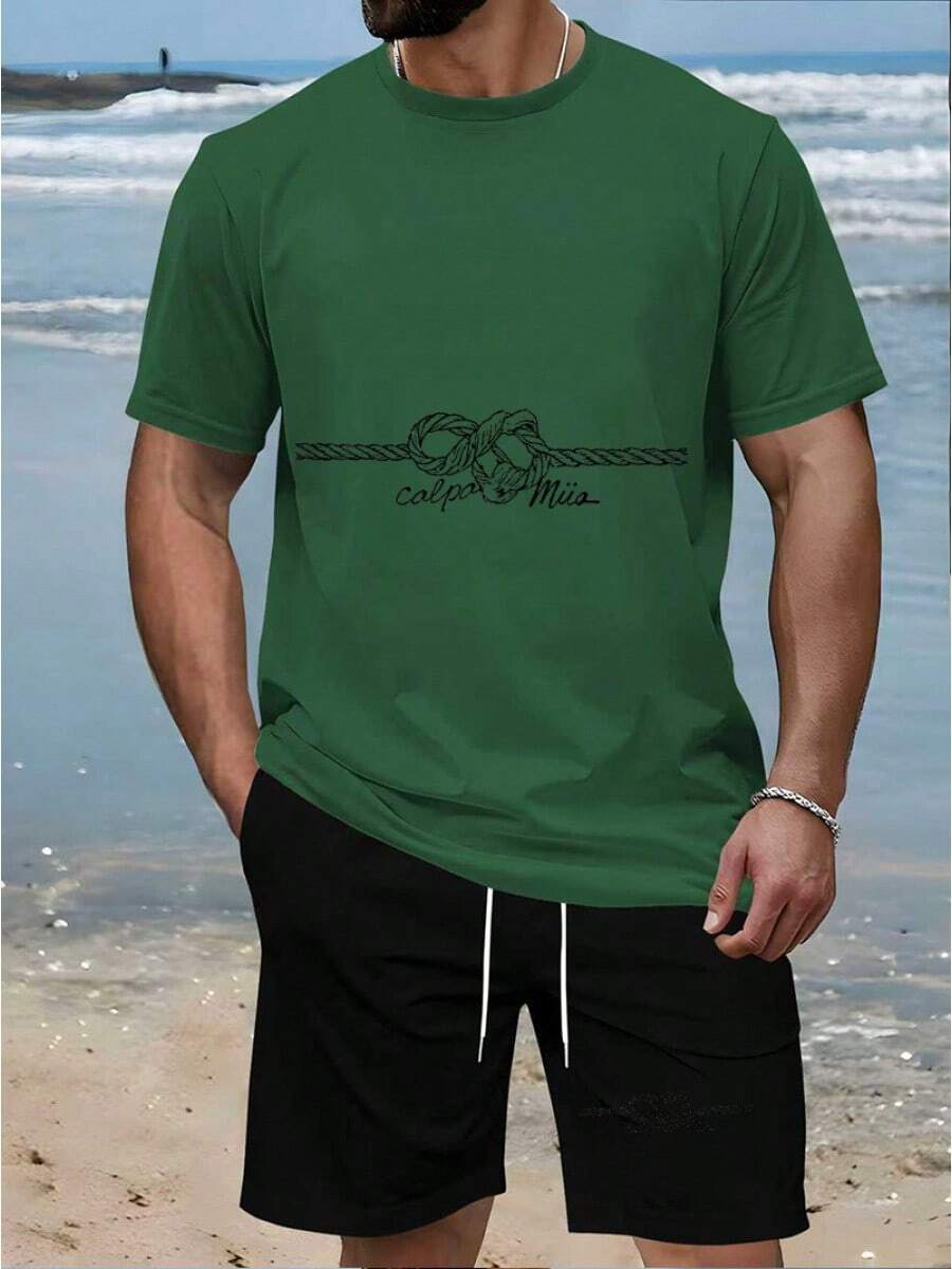 Men's Retro-Style Casual Summer Two-Piece Set With Exquisite Scroll Decoration, Lightweight And Breathable Fabric - 綠色 - 查看 1