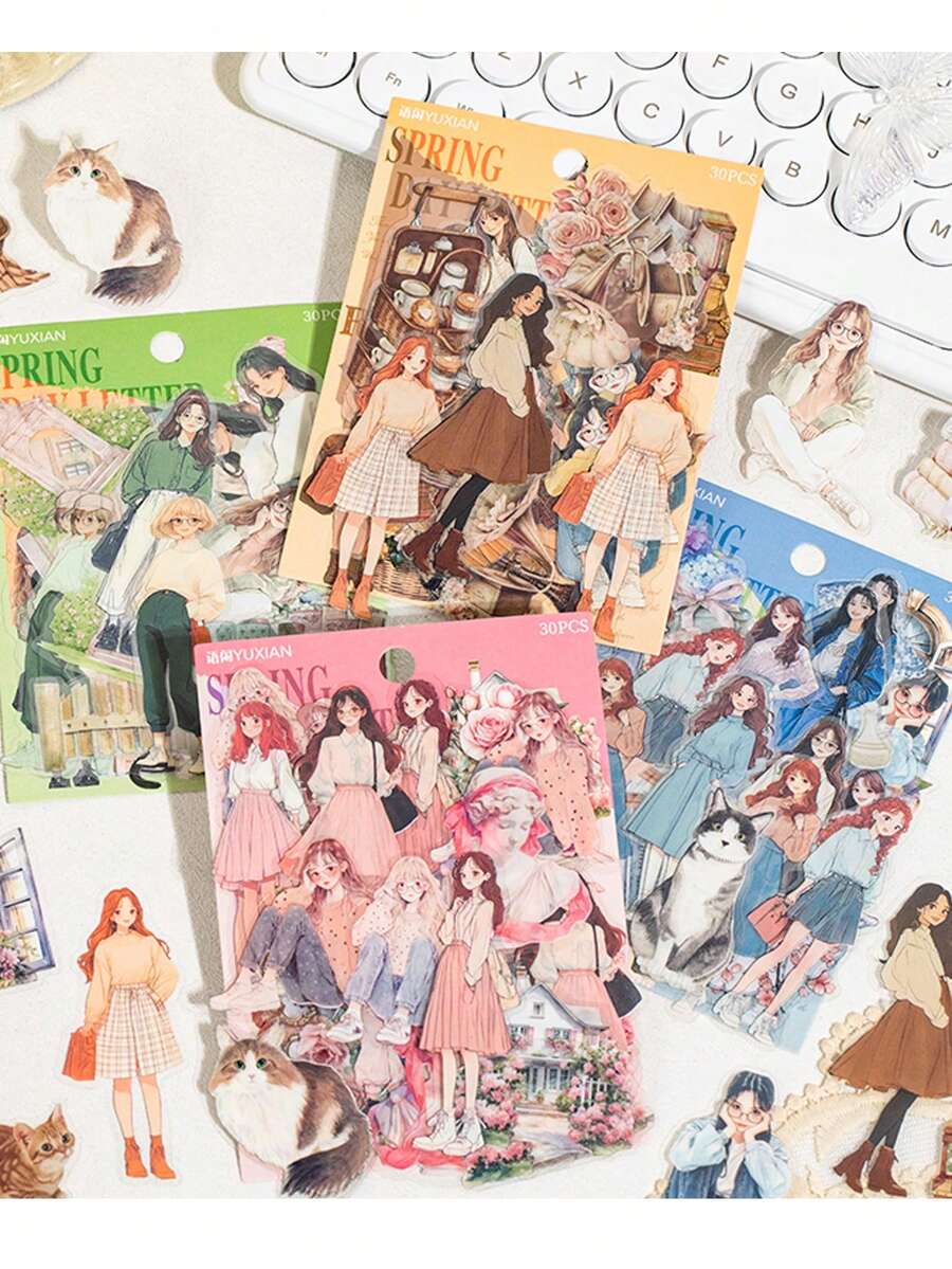 30 peças/Pacote Adesivos Decorativos de Personagem Retrô Feminino em PET à Prova d'Água para Junk Journal, Scrapbooking e Artesanato, 15 Designs de Padrão - multicolorido - Visão 1