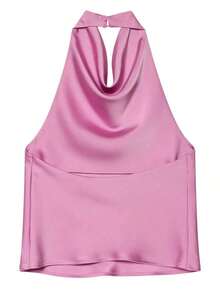 Camiseta sin mangas de satén de unicolor con cuello alto tipo halter Y2K para mujer, ropa de calle linda para el verano en color negro casual - Rosa - Ver 7