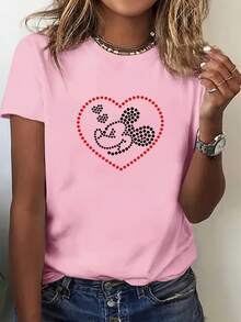 Camiseta casual de cuello redondo con estampado de ratón en forma de corazón - Camiseta de manga corta estilo Y2K para mujer, cómoda para todas las estaciones, lavable a máquina, atuendo moderno hecho de tela de alta calidad [1]-Camiseta unisex de algodón holgada de manga corta y cuello redondo estilo vintage urbano - Blanco - Ver 9