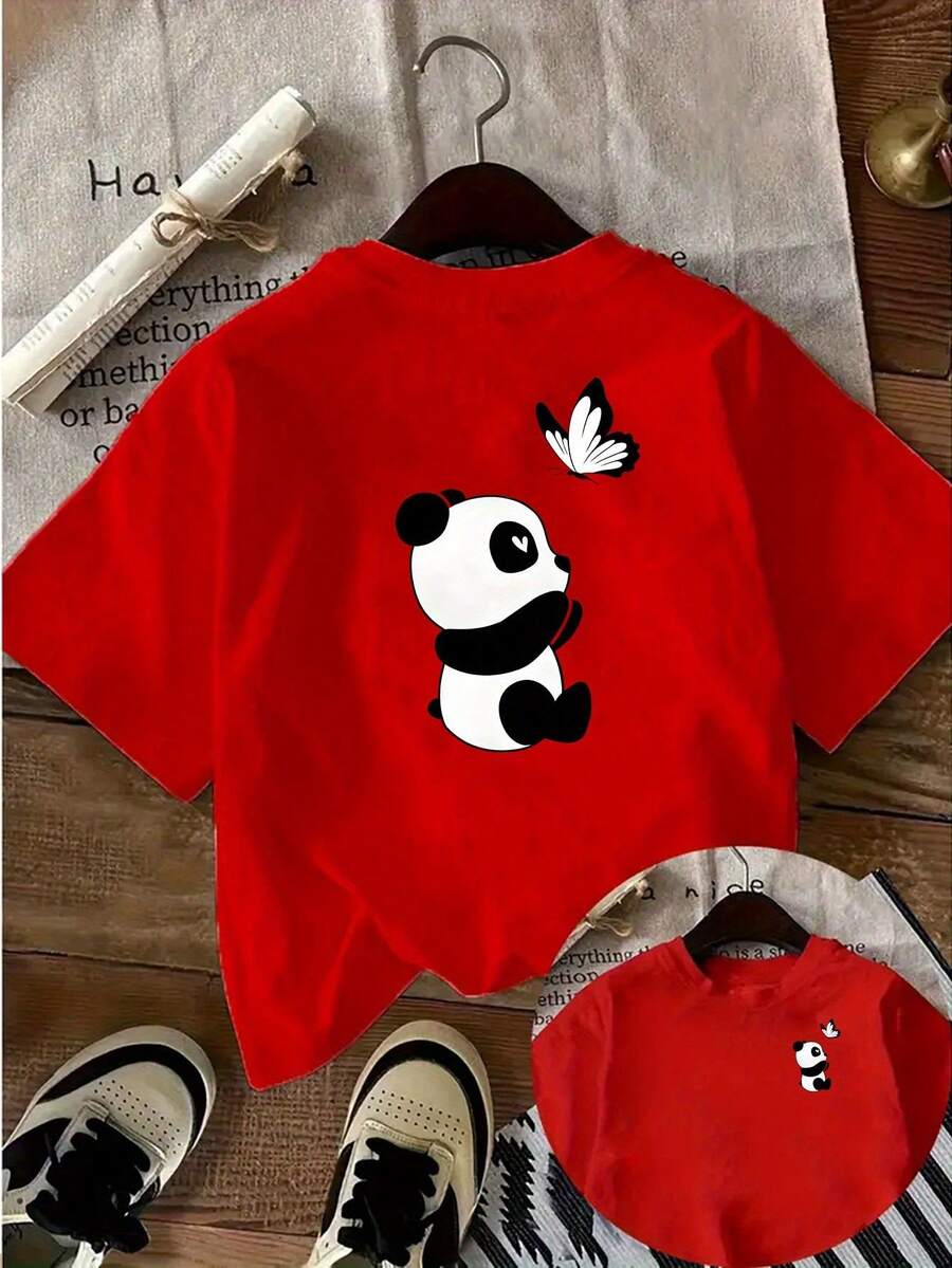 Camiseta estampada por ambos lados con diseño de panda y mariposa de dibujos animados, top casual de manga corta con cuello redondo y estampado en la parte delantera y trasera, adecuada para verano y primavera, top de manga corta, ropa de mujer - Camiseta de algodón holgada unisex de estilo vintage urbano con cuello redondo y manga corta. - Rojo - Ver 1