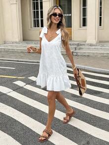 Vestido corto de verano para mujer con escote en V profundo, sin mangas, estampado floral, dobladillo con volantes, espalda suelta y ajuste A, ideal para vacaciones, vestido de invitada de boda, ropa de verano y primavera - Blanco - Ver 3
