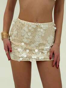Falda de lentejuelas elegante, diseño de lentejuelas de festival de música chic de cintura baja, falda mini versátil y brillante para mujeres, regalo de San Valentín, noche de cita - Albaricoque - Ver 7