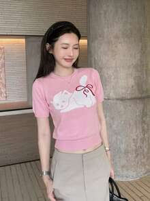 夏季新款粉色猫咪刺绣系带短袖针织T恤，纯甜美少女风撞色纹理露脐上衣，优雅休闲百搭女装通勤约会穿搭，Y2K复古校园海滩派对假日母亲节婚礼针织衫 - 粉色 - 查看 2