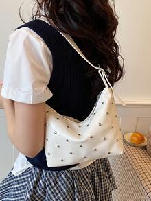 BEIKAMU Fashion Rivet Decor PU Crossbody Bag, Adjustable Shoulder Strap Zipper Closure Versatile Shoulder Bag Satchel, Suitable For University, Commuting, Shopping, Strolling, Daily Use - White - View 7