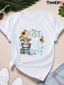 1 pieza [Camiseta Deportiva] Camiseta Deportiva de Manga Corta para Mujer con Diseño de Girasoles y Vaca Highland Caprichosa |     Corte relajado |     180g 100% Algodón - Negro - Ver 6