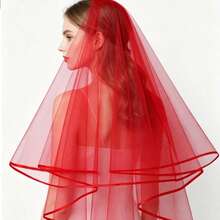 1pc Minimalist Double-Layer Satin Edged Solid Red Bridal Wedding Veil, Suitable For Wedding Wear, Also Can Be Used As Valentine's Day Accessory - View 1