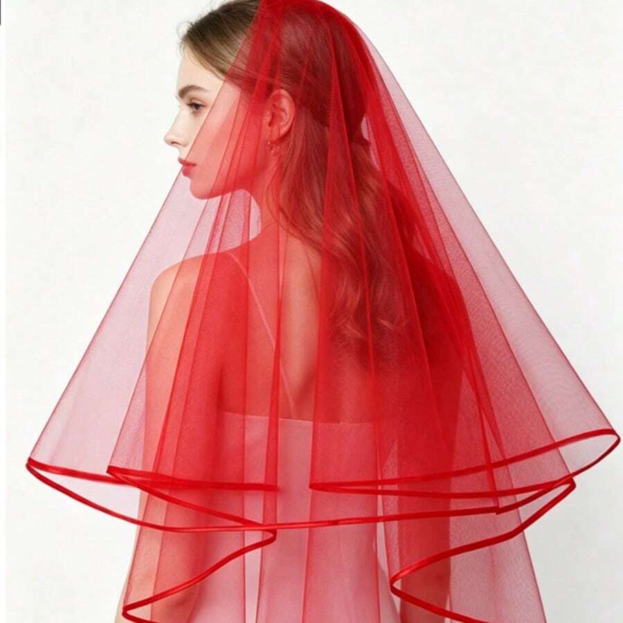 1pc Minimalist Double-Layer Satin Edged Solid Red Bridal Wedding Veil, Suitable For Wedding Wear, Also Can Be Used As Valentine's Day Accessory - View 1