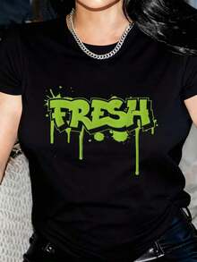 Dam T-shirt Fräsch Graffiti-stil Grön Droppande Text Design Sommaroutfit Dam - Svart - Visa 1