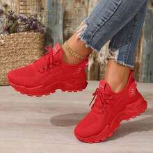 FZY Women's Thickened Flat Sneakers, Breathable Knitted Mesh Lace-Up Walking Shoes, Comfortable And Lightweight, Versatile Shoes For Everyday Casual Wear. - 紅色 - 查看 4