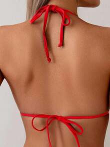 Swim Vcay - Conjunto de Bikini Triangular Sexy con Ribete de Encaje para Mujer, 2 Piezas, Conjunto de Bikini Halter con Tiras Simples para Vacaciones de Verano en la Playa - Rojo - Ver 3
