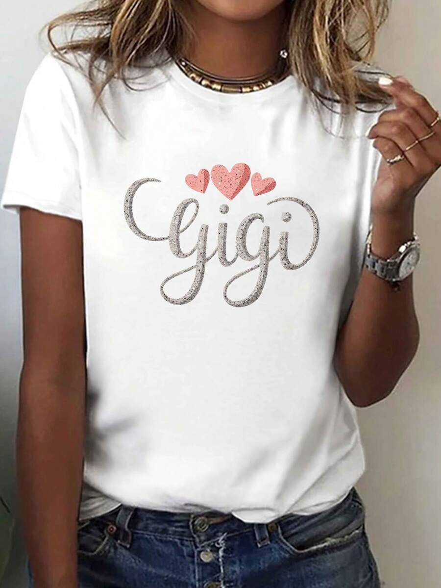 Gigi Heart Print T-Shirt, Casual Short Sleeve Round Neck Top, Women's Spring/Summer Clothing, Pure Cotton Print T-Shirt For Women. - 白色 - 查看 1