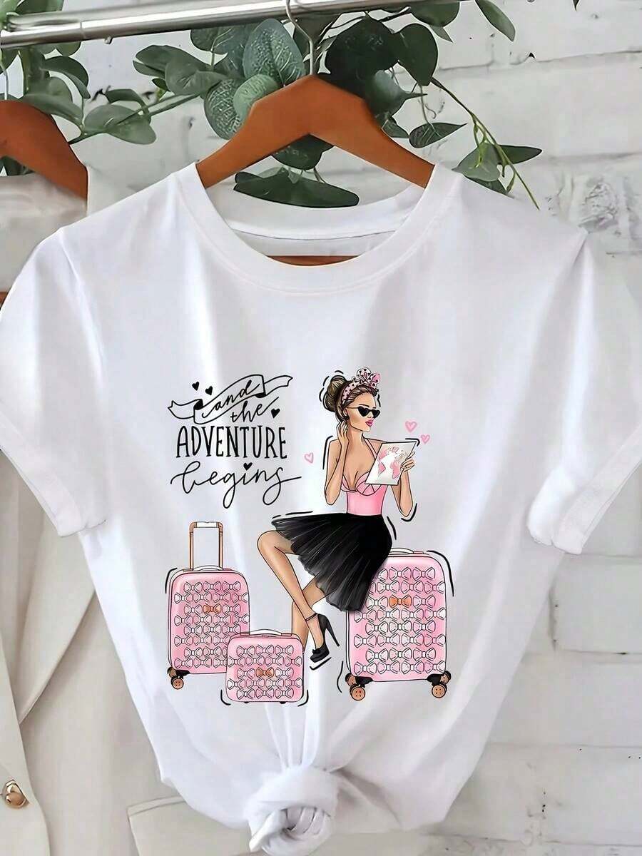 Camiseta de algodón de cuello redondo para mujer con estampado de letras y dibujos animados, diseño sencillo, cómoda y transpirable, esencial y versátil, adecuada para uso diario informal, muestra un estilo natural y elegante, entrega local, atuendo para fiestas, ropa casual, ajuste cómodo, top ligero, camiseta de mujer, top versátil, para entusiastas del estilo casual, ropa de mujer a la moda. - Blanco - Ver 1