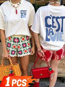 Retro Slogan Text Print Oversized Casual Short Sleeve T-Shirt - 白色 2 - 查看 5