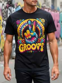 1 pieza de camiseta de mujer con estampado tie-dye y símbolo de la paz - Camiseta casual de manga corta con cuello redondo para primavera/verano/otoño - Top con estampado de letras estilo hippie - Negro - Ver 7