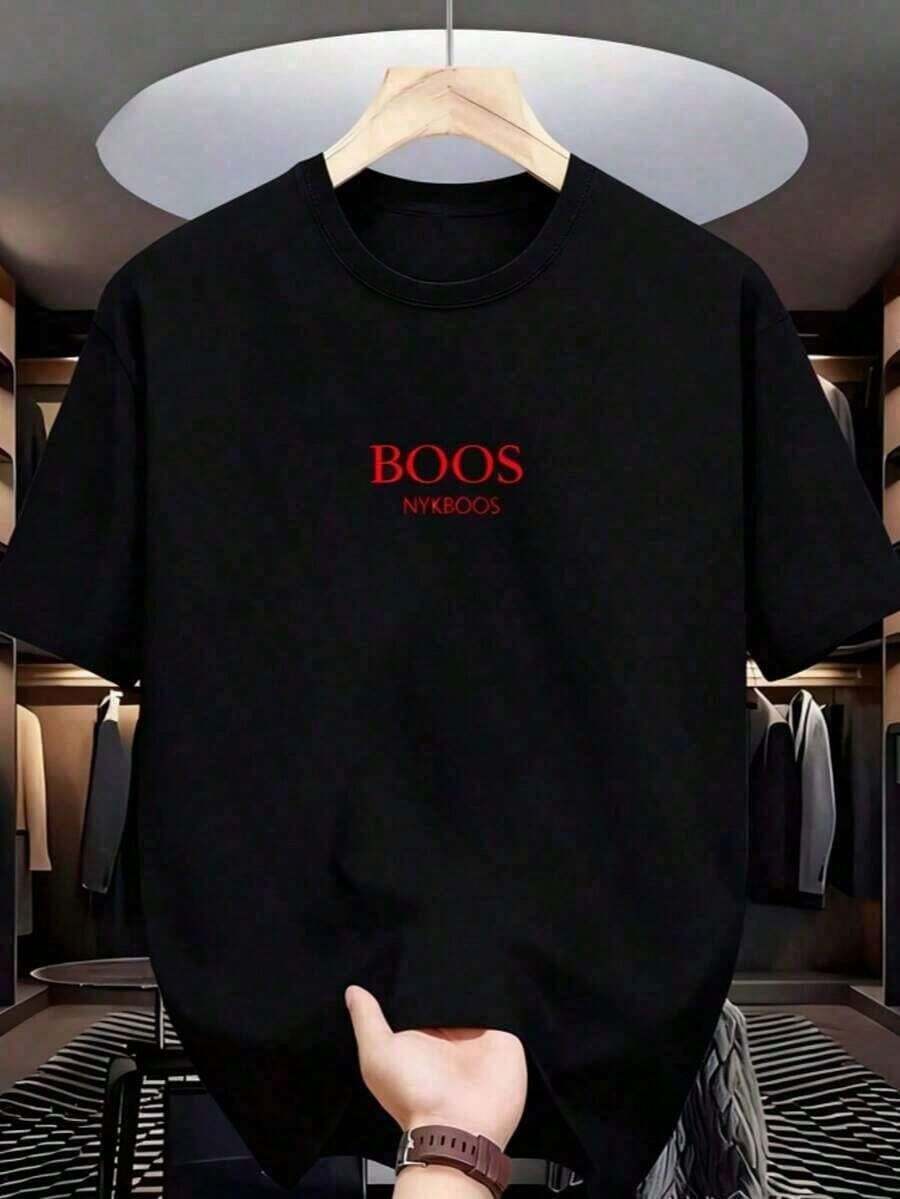 Men's T-Shirts. Men's Short-Sleeved T-Shirt With 'BOOS NYKBOOS' Print. Black. Crew Neck Design. Casual Style. Ideal For Everyday Wear And Events. Suitable For All Seasons. Men's Casual T-Shirts, Men's Graphic T-Shirts, Vacation Wear, Streetwear.  Graphic T-Shirt - 白色 - 查看 1