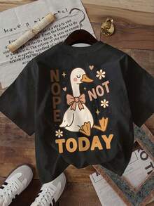 2026 New Casual Round Neck T-Shirt, Summer Staple [Double-Sided Print] Women's Fashion Top, Women's Summer Clothing, Cute Style, Duck, Flower, Bow, NOPE NOT TODAY Print Round Neck Pure Cotton Short Sleeve T-Shirt, Soft Crew Neck Short Sleeve, Daily Wear - Black - View 3