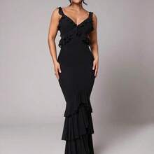 Premium Quality Romantic Spaghetti Strap Flounce Hem Long Dress, Elegant Women Solid Color Casual Vacation Wear For Spring/Summer, Holiday, Beach, Suitable For Valentine's Day Date Women Elegant Dresses Women Dress Woman Dress Women Dresses,Graduation - Negro - Ver 3