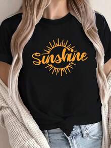 Unisex T-Shirt Made Of Pure Cotton, Sunshine Retro Print, Trimmed Neck T-Shirt, Casual Short Sleeve T-Shirt For Spring & Summer, Women's Clothing, Summer T-Shirt, Blouse, Basic Tops, Tops, Creative Design, Outdoor Play, Cool Style, Fun Design, Great For Outdoor Play - Black - View 5