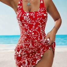 1pc Women's Resort Beach Floral Print One-Piece Swimsuit For Summer Beach Vacation - Rojo y blanco - Ver 1