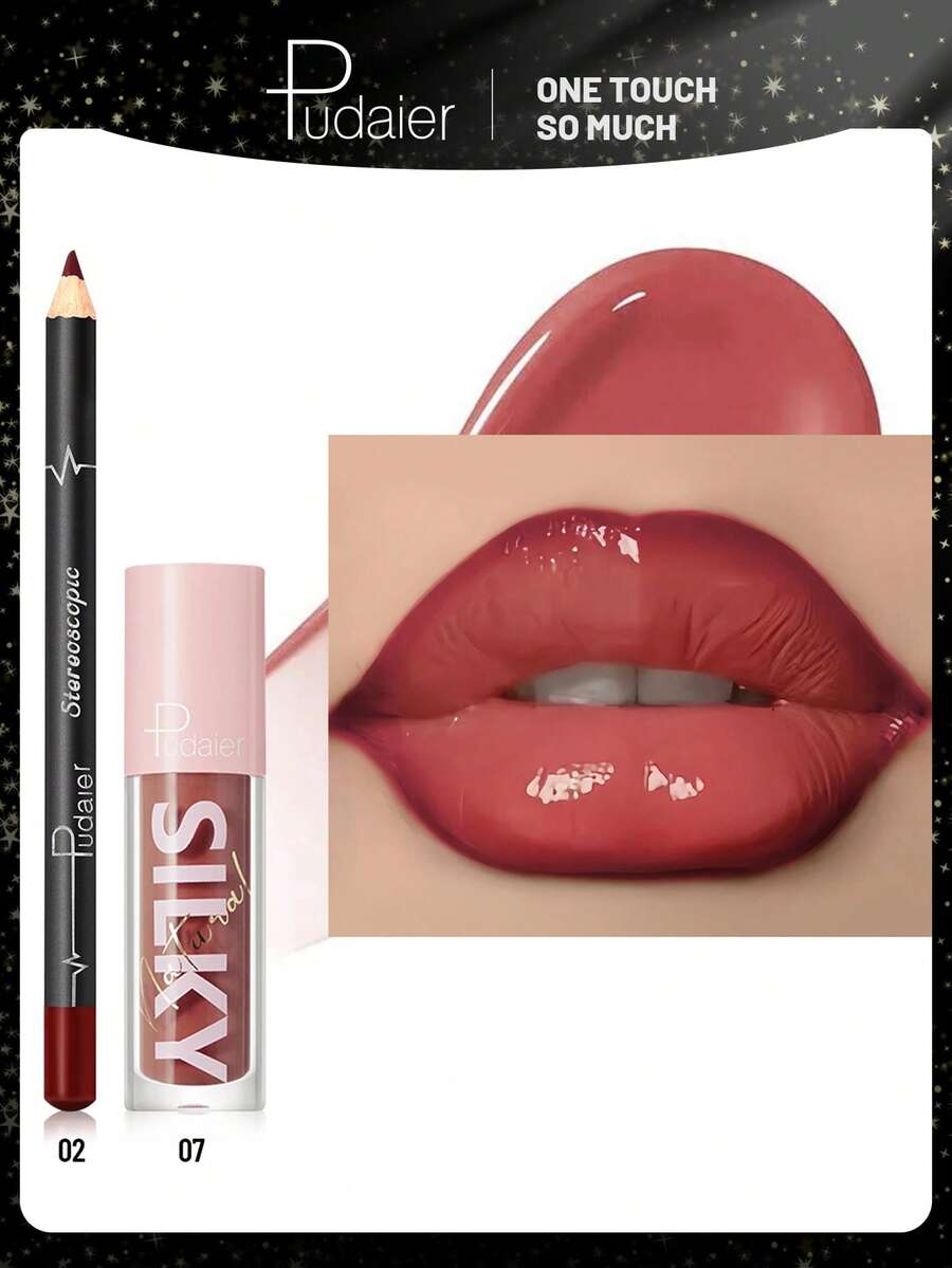 Pudaier 2-In-1 Lip Set: Moisturizing Lip Liner Pencil And Lip Gloss | Waterproof And Smudge-Proof, Defines Lip Shape, Universal Shades | Ideal Valentine's Day Gift - 02+07 - 查看 1