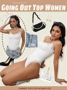 ZZL Body de Encaje con Escote Cuadrado| Top de Tirantes Finos Sin Mangas| Ropa Interior Sensual y Jumpsuit Casual para Mujer - Negro - Ver 5