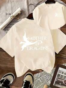 New Summer Collection 2026: Women's Casual Summer T-Shirt [Double-Sided Print], Suitable For All Seasons, Comfortable To Wear, With A Flying Dragon Design And The Text "MOTHER OF DRAGONS" Printed, Versatile Garment, Comfortable Material, Short Sleeve T-Shirt, A Summer T-Shirt For Fashion Lovers. - 杏色 - 查看 1