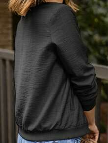 Women's Solid Color Baseball Jacket With Pockets, Casual Lightweight Jacket For Spring/Summer Black - Black - View 2