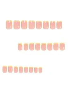48 pièces d'autocollants pour ongles carrés courts rayés crème jaune, convenant pour le printemps et l'été, comprenant 2 feuilles de colle à ongles et 2 mini bandes à ongles. Design français minimaliste léger jaune avec base rose nude, pour femmes et filles. Faux ongles à couverture complète - Multicolore - Voir 2
