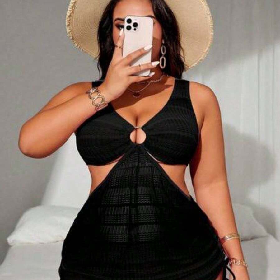 Swim  Plus Size Women's 2pcs Ombre Halter Waist Hollow Out Drawstring Split Swimsuit Set - Negro - Ver 1