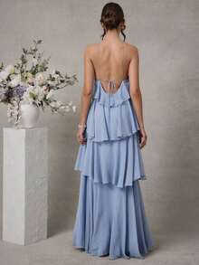 Vestido largo elegante y romántico de gasa con cuello de halter y volantes para invitados a una boda - Azul - Ver 2