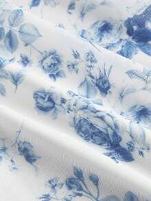 Women's Blue & White Print Ruched Waist Side Tie Asymmetrical Hem A-Line Skirt,Cruise,Hawaii,Blue And White Floral Skirt, Tea Party,Summer - Beis - Ver 8